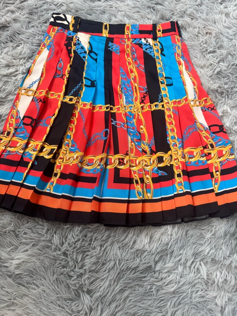 Zara Pleated Chain-Print Skater Skirt in Red, Blue & Black